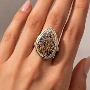 Vintage Sterling Silver Druzy Quartz Teardrop Ring – Stamped 925
